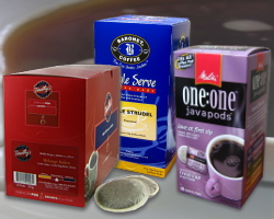 Coffee pods from Melitta, JavaOne, Baronet, Senseo, Higgins and Burke